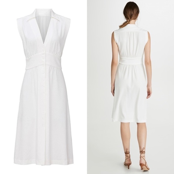 BA&SH Ivory Crepe Sleeveless Shirt Collar Gathered Button Front Midi Dress XS - Picture 10 of 14